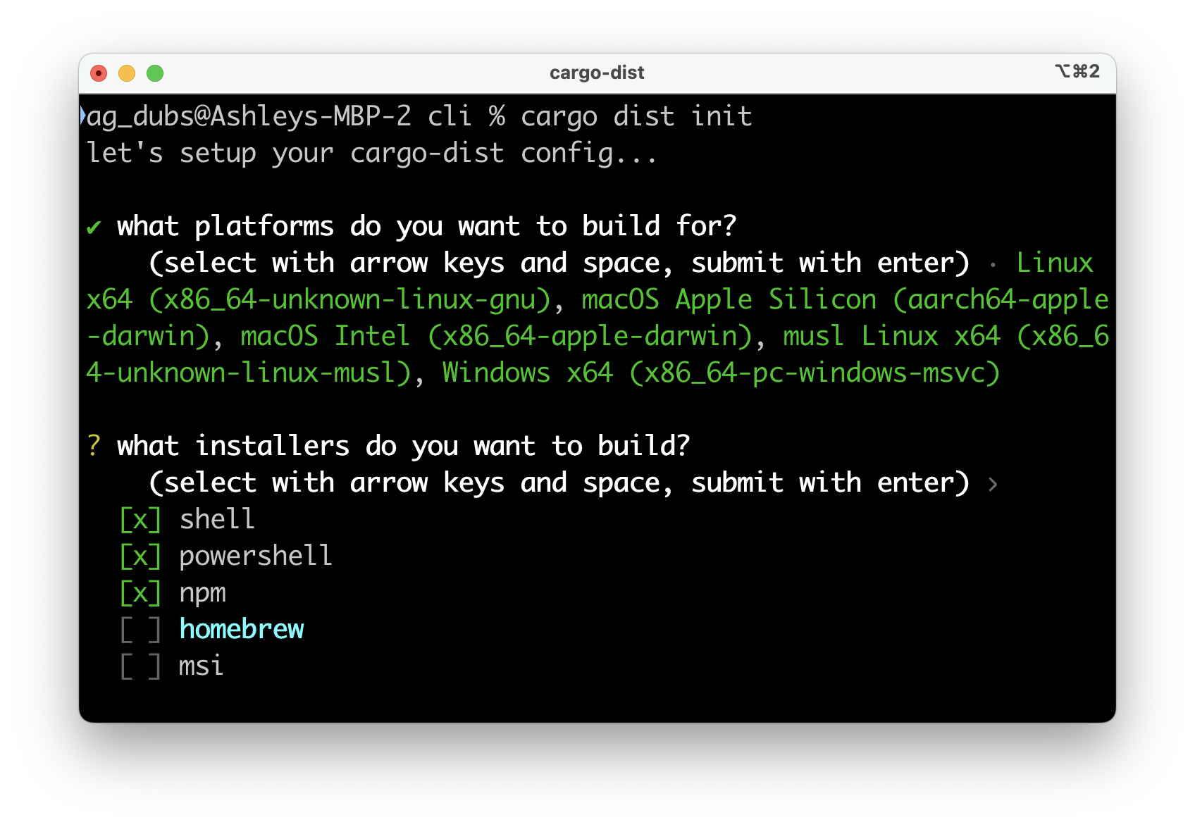 a terminal window that shows an interactive prompt where someone has chosen several build targets and is currently answering which installers they'd like to build